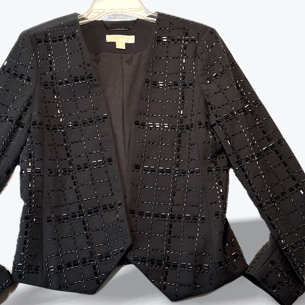 Michael Kors Blazer Beaded Open Front Grid Pattern Black Evening Jacket Size 10